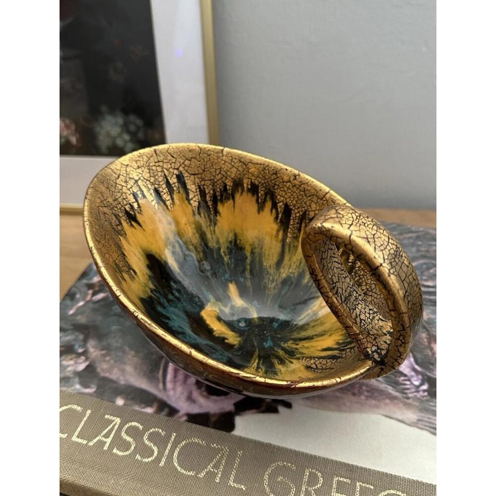 Vintage Ceramic Decorative Bowl W/ Abstract Crackle Glaze Gold, Black, and Teal